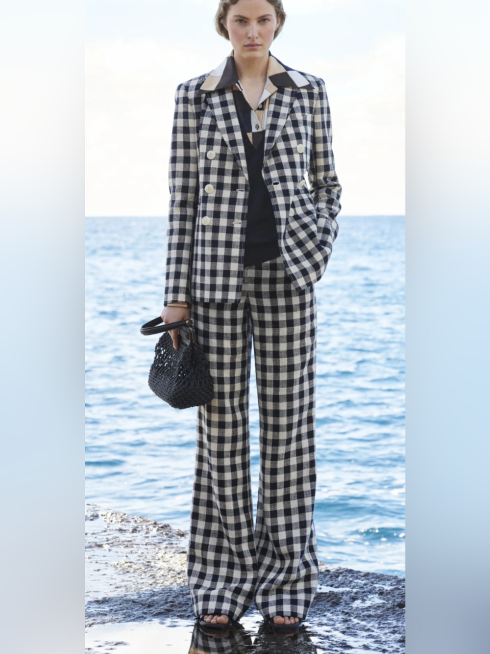 Tory Burch Black & Cream Gingham Wide Leg Thick Linen Pants Size 8
